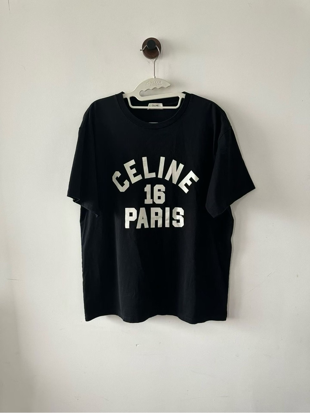 Celine Black Tee with White CELINE 16 PARIS Lettering